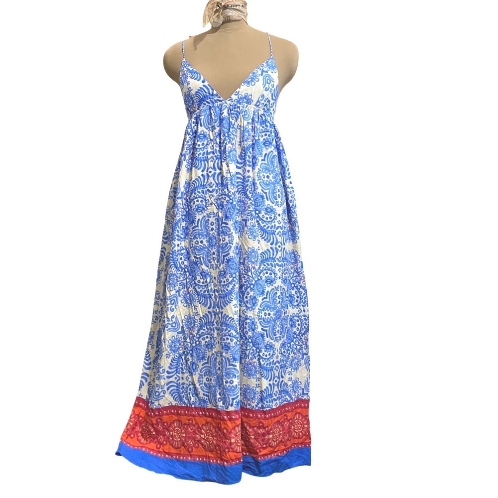 Zara Maxi Dress Boho Mediterranean Summer Women Large Blue Cream Linen Blend L